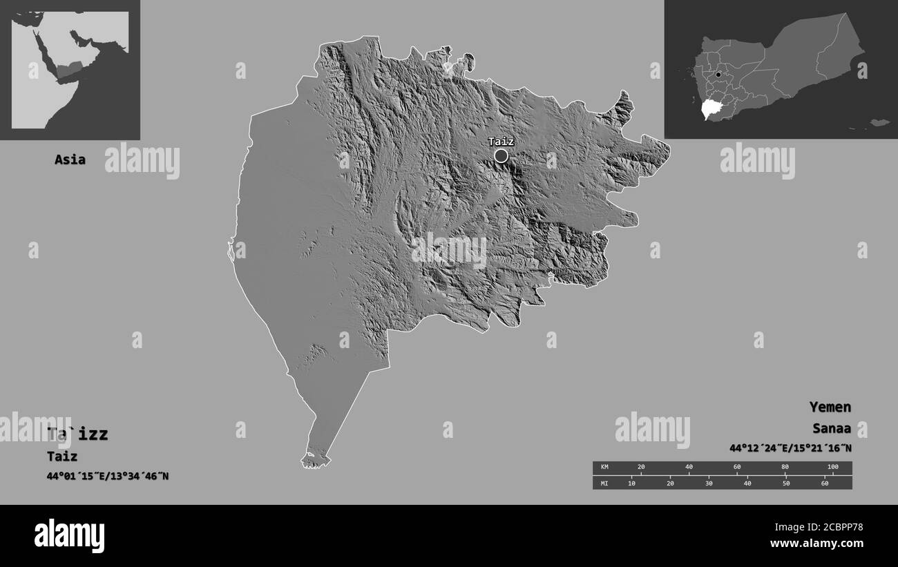 Form von Ta`izz, Gouvernement des Jemen, und seine Hauptstadt. Entfernungsskala, Vorschauen und Beschriftungen. Höhenkarte mit zwei Ebenen. 3D-Rendering Stockfoto
